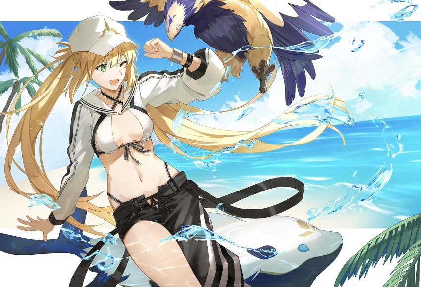 1girl arm_at_side artoria_caster_(fate) artoria_caster_(swimsuit)_(fate) artoria_pendragon_(fate) asymmetrical_clothes asymmetrical_pants baseball_cap beach bikini bird black_pants black_ribbon blonde_hair blue_sky breasts clenched_hand cloud cowboy_shot criss-cross_halter cropped_jacket eagle fate/grand_order fate_(series) green_eyes halterneck hand_up hat highres hoshi_rasuku jacket light_blush long_hair long_sleeves looking_at_animal looking_to_the_side navel ocean one_eye_closed open_mouth open_pants orca outdoors outstretched_hand palm_tree pants puffy_long_sleeves puffy_sleeves ribbon sailor_collar sand single_pantsleg sky small_breasts smile solo striped striped_jacket striped_ribbon swimsuit tree twintails water white_bikini white_headwear white_jacket white_sailor_collar wristband