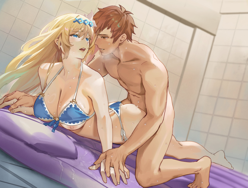 1boy 1girl air_mattress ass bikini bikini_top_lift blonde_hair blue_bikini blue_eyes boy_on_top breasts brown_eyes brown_hair cleavage clothed_female_nude_male clothes_lift commentary_request commission eye_contact flower front-tie_bikini_top front-tie_top gran_(granblue_fantasy) granblue_fantasy hair_between_eyes hair_flower hair_ornament halterneck hetero highres holding_hands indoors jeanne_d'arc_(granblue_fantasy) jeanne_d'arc_(summer)_(granblue_fantasy) large_breasts long_hair looking_at_another lying nipple_slip nipples nude official_alternate_costume on_stomach open_mouth paid_reward_available pixiv_commission prone_bone sex sex_from_behind short_hair side-tie_bikini_bottom sunao_(souis) sweat swimsuit tile_wall tiles white_flower
