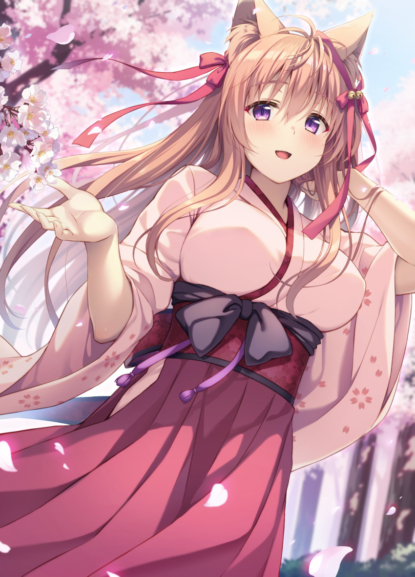 1girl :d animal_ear_fluff animal_ears arm_behind_head black_bow blue_sky bow breasts brown_hair commentary_request day flower hair_between_eyes hakama hakama_skirt hand_up highres japanese_clothes kimono long_hair long_sleeves looking_at_viewer medium_breasts mito_mashiro obi outdoors petals pink_flower pink_kimono purple_eyes red_hakama sash skirt sky smile solo tayutama tree very_long_hair white_flower wide_sleeves yuzu_modoki