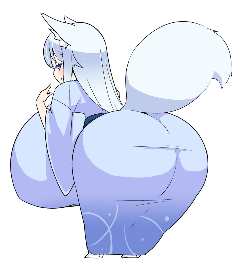 animal_humanoid big_breasts big_butt breasts butt butt_focus canid canid_humanoid canine canine_humanoid female fox_humanoid futon_(artist) grey_hair hair hi_res huge_breasts huge_butt huge_thighs humanoid hyper hyper_breasts hyper_butt looking_at_viewer looking_back mammal mammal_humanoid purple_eyes rear_view simple_background smile solo standing tail thick_thighs unknown_character