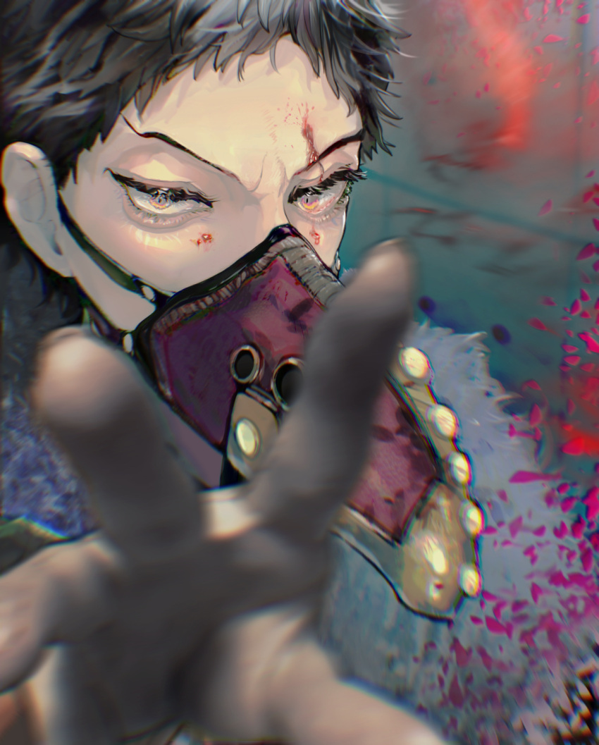 1boy black_hair blood blood_on_face blurry blurry_foreground boku_no_hero_academia feather-trimmed_jacket feathers hand_up highres male_focus mask mouth_mask oekakinozobon overhaul_(boku_no_hero_academia) plague_doctor_mask purple_feathers short_hair solo upper_body very_short_hair