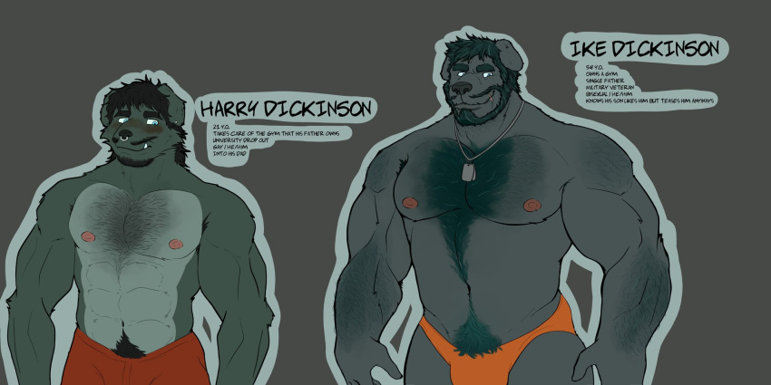 2023 abs anthro areola beard biceps biped blush body_hair bulge canid canine canis clothed clothing dadsniffer digital_media_(artwork) dog_tags domestic_dog duo english_text eyebrows facial_hair facial_piercing father father_and_child father_and_son fur grey_background grey_body grey_fur hair happy_trail harry_dickinson headphones hi_res ike_dickinson incest_(lore) male mammal model_sheet mouth_scar muscular muscular_anthro muscular_male mustache navel nipples nose_piercing nose_ring parent parent_and_child pecs piercing pronouns pubes ring_piercing septum_piercing septum_ring simple_background snaggle_tooth son standing stated_age stated_bisexuality stated_homosexuality stated_sexuality text topless underwear underwear_only
