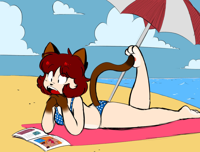 2019 3_toes 4_fingers anthro bangs barefoot beach beach_towel beach_umbrella bikini biped black_ears black_markings blue_bikini blue_bikini_bottom blue_bikini_top blue_clothing blue_sky blue_swimwear bottomwear breasts brown_inner_ear brown_markings brown_tail cat_tail cheek_tuft clothed clothing cloud colored countershade_feet countershade_torso countershading detailed_background digital_drawing_(artwork) digital_media_(artwork) dipstick_tail domestic_cat eye_through_hair eyebrow_through_hair eyebrows eyelashes eyelashes_through_hair facial_tuft fangs feet felid feline felis female fingers fur furgonomic_bottomwear furgonomics gloves_(marking) hair hi_res kabula_(artist) lying lying_on_ground magazine mammal markings on_front on_towel outside pawpads paws polka_dot_bikini polka_dots prick_ears priscilla_(kabula) raised_foot red_hair red_tongue red_towel sand sea seaside sky solo swimwear tail tail_markings tan_body tan_fur tan_tuft teeth toes tongue topwear towel translucent translucent_hair tuft water