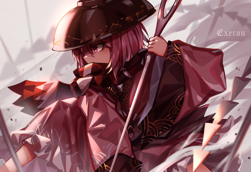 1girl absurdres black_headwear bowl bowl_hat commentary_request from_side grey_background hat highres japanese_clothes kimono needle_sword purple_eyes purple_hair red_kimono scarf short_hair signature solo sukuna_shinmyoumaru top-exerou touhou