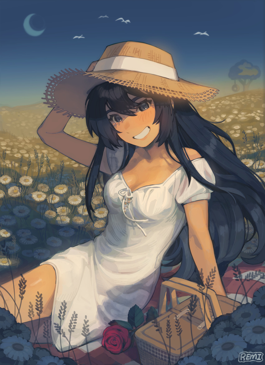 1girl absurdres arm_behind_head arm_support arm_up artist_name black_eyes black_hair blanket blush breasts checkered_blanket day dress flower grin hat highres long_hair looking_at_viewer mari_(faraway)_(omori) mari_(omori) medium_breasts omori outdoors picnic_basket remi_(mozzaremi) sitting smile solo sun_hat teeth tire_swing tree white_dress