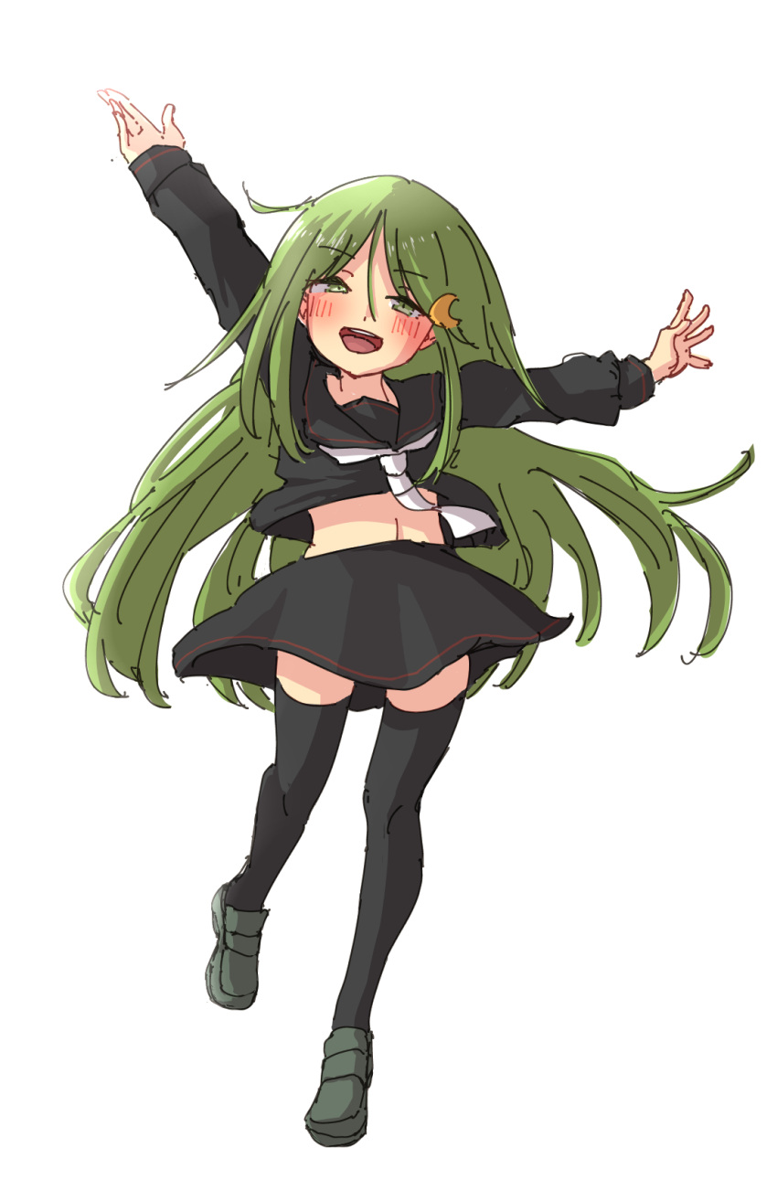 1girl black_sailor_collar black_serafuku black_skirt black_thighhighs blush covered_navel green_eyes green_hair hair_between_eyes highres kantai_collection long_hair long_sleeves nagatsuki_(kancolle) neckerchief open_mouth po0000000000 sailor_collar school_uniform serafuku skirt solo teeth thighhighs upper_teeth_only very_long_hair white_background white_neckerchief