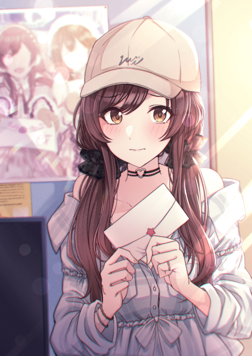 1girl absurdres alternate_hairstyle bare_shoulders baseball_cap blush bracelet choker closed_mouth embarrassed envelope hat heart heart_choker highres holding holding_envelope holding_letter idolmaster idolmaster_shiny_colors jewelry kusaka_io letter long_hair long_sleeves looking_to_the_side official_alternate_costume official_alternate_hairstyle osaki_amana poster_(object) red_hair ring scrunchie shirt solo standing swept_bangs twintails white_shirt yellow_eyes