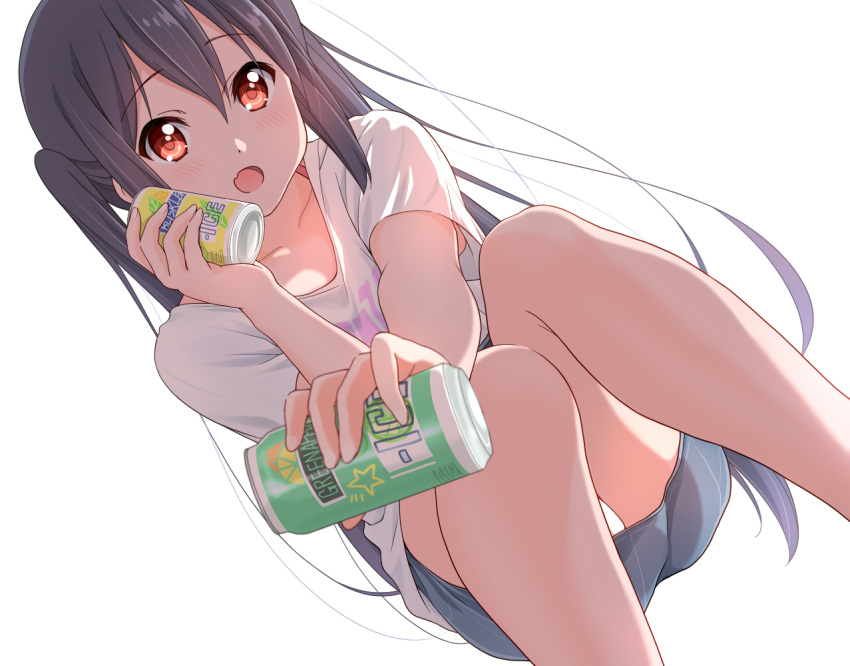 1girl black_hair blue_skirt blush brown_eyes can collarbone commentary_request dresstrip drink dutch_angle hair_between_eyes holding holding_can holding_drink k-on! long_hair looking_at_viewer miniskirt nakano_azusa open_mouth panties pantyshot revision shirt simple_background skirt soda_can solo thighs twintails underwear upskirt white_background white_panties white_shirt