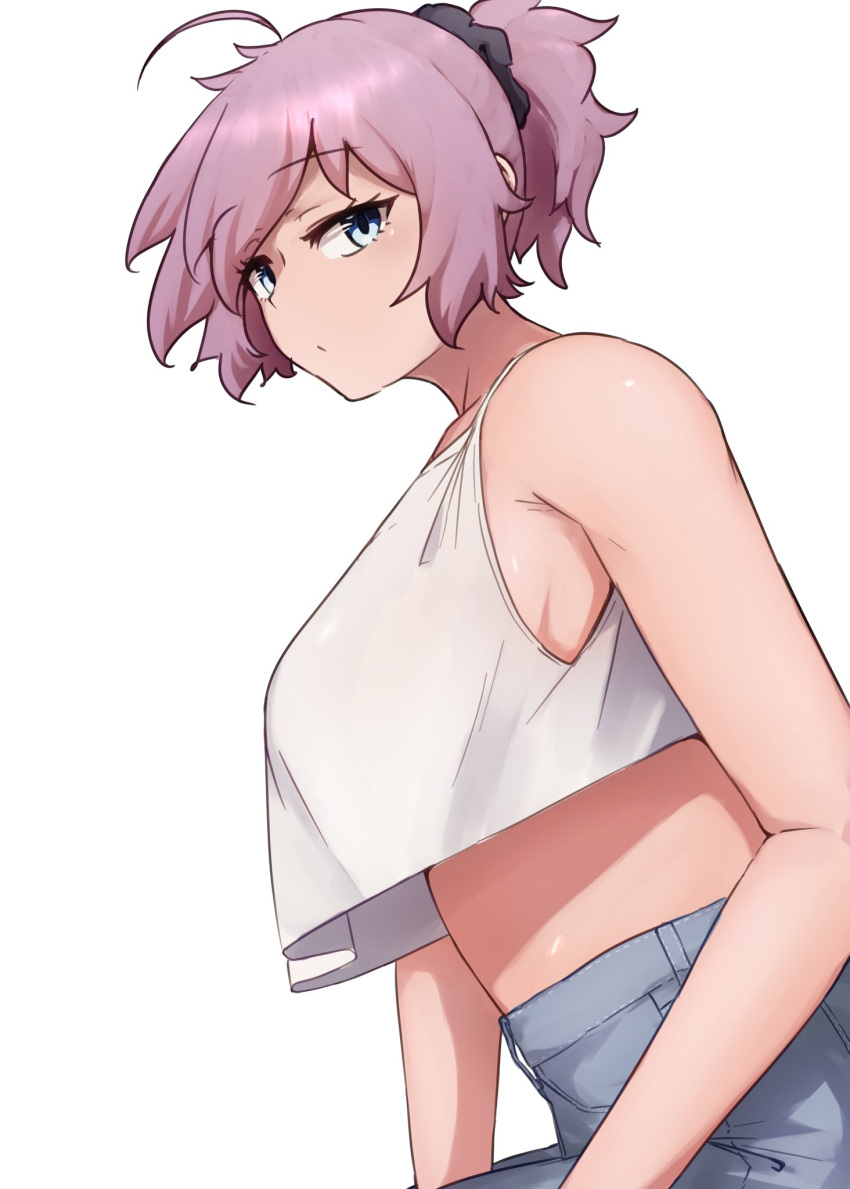 1girl ahoge alternate_costume aoba_(kancolle) black_scrunchie green_eyes grey_pants hair_ornament hair_scrunchie highres ikadamo kantai_collection looking_at_viewer messy_hair pants ponytail purple_hair scrunchie simple_background sitting solo tank_top upper_body white_background white_tank_top