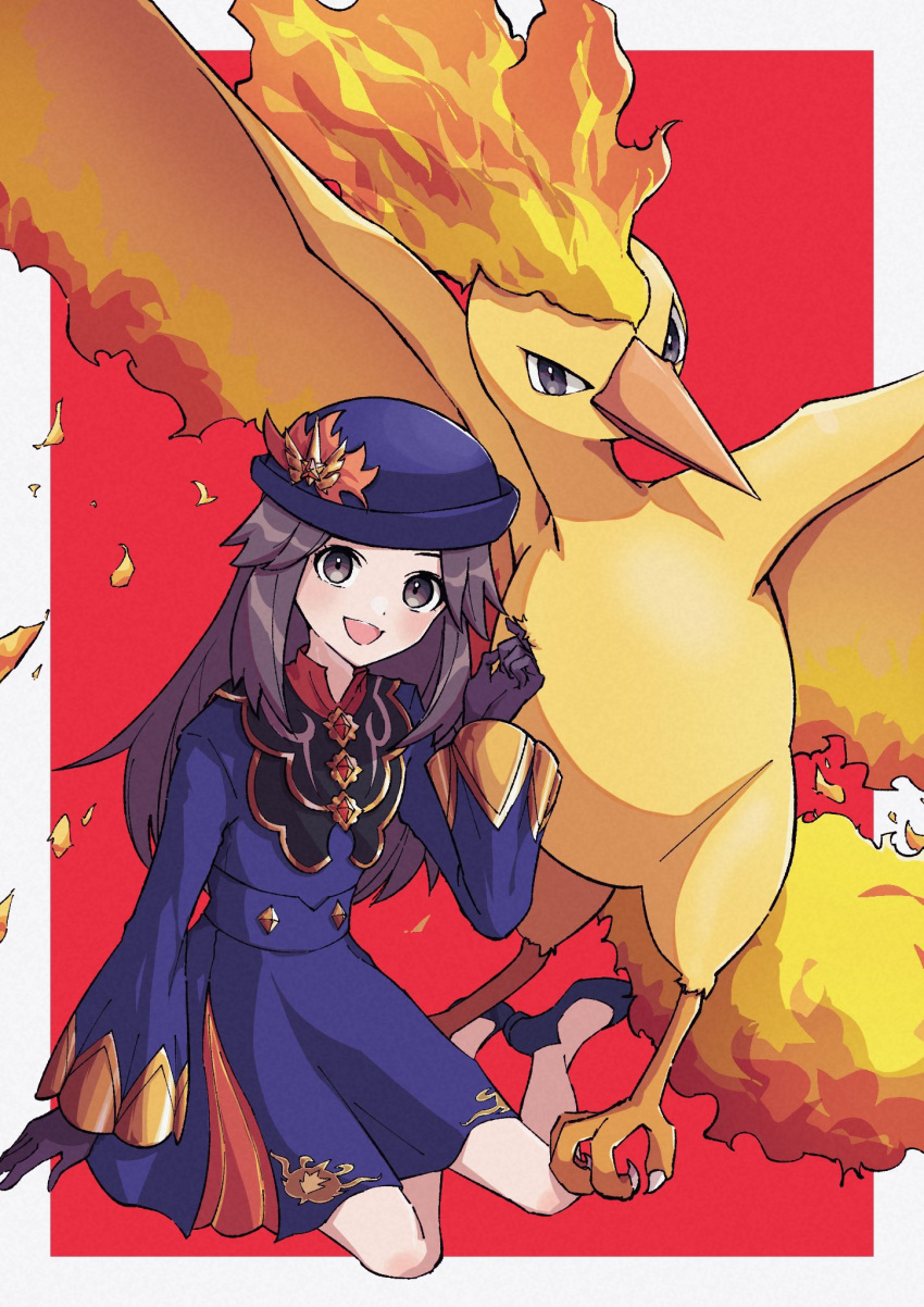 1girl :d anidf border brown_eyes brown_hair commentary dress gloves hair_flaps hand_up hat hat_ornament highres leaf_(champion)_(pokemon) leaf_(pokemon) long_hair long_sleeves looking_at_viewer moltres official_alternate_costume open_mouth outside_border pokemon pokemon_(creature) pokemon_(game) pokemon_masters_ex red_background shoes sidelocks smile white_border