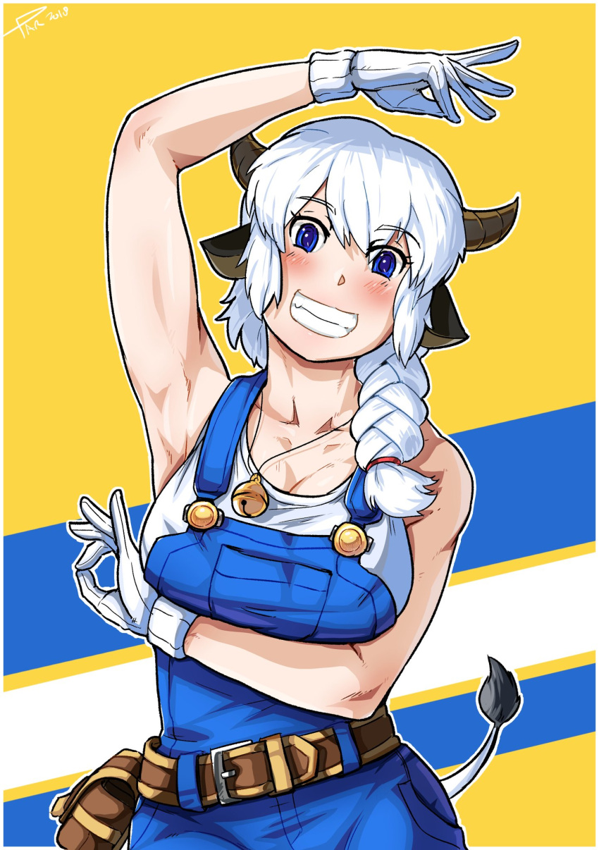 1girl animal_ears arm_up armpits bell belt blue_background blue_eyes blue_overalls blush border braid braided_ponytail breasts brown_belt brown_horns cleavage commentary cow_ears cow_girl cow_horns cow_tail cowboy_shot english_commentary gloves grin hair_over_shoulder highres horns jingle_bell large_breasts long_hair looking_at_viewer medium_bangs multicolored_background nandi_(puchirisu) neck_bell ok_sign original outline overalls pouch puchirisu smile solo tail tank_top white_border white_gloves white_hair white_outline white_tank_top yellow_background