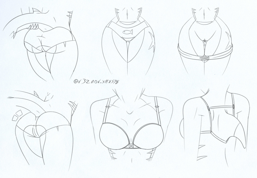 absurd_res anthro bodily_fluids bra butt clothed clothing female fish genital_fluids genitals gills hi_res lingerie marine misty_(r3znor_x) panties panties_down partially_clothed pussy pussy_juice r3znor_x raised_tail scar shark shark_fin shark_tail sketch sketch_page solo tail underwear underwear_down