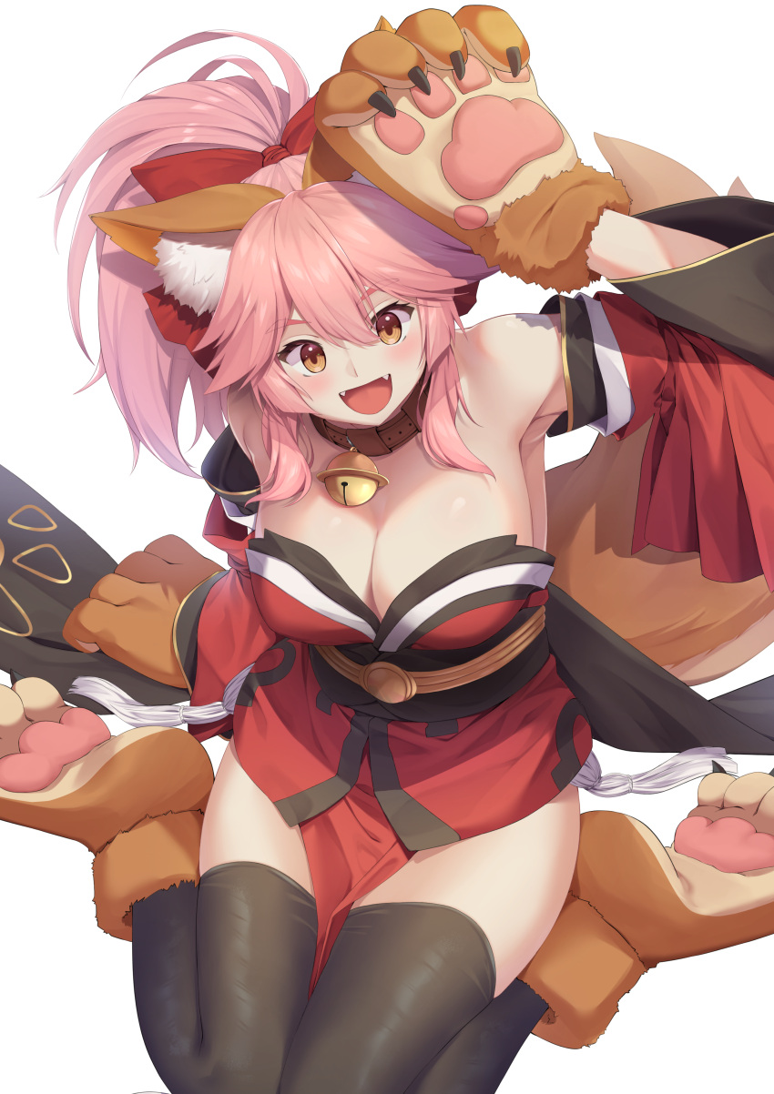 1girl absurdres animal_ear_fluff animal_ears animal_hands bell black_thighhighs breasts cat_paws cleavage detached_sleeves fangs fate/grand_order fate_(series) fox_ears fox_girl fox_tail gloves hair_between_eyes hair_ribbon highres japanese_clothes jingle_bell kimono large_breasts long_hair neck_bell obi open_mouth orange_eyes paw_gloves paw_shoes pelvic_curtain pink_hair ponytail red_kimono red_ribbon ribbon sash sitting tail tamamo_(fate) tamamo_cat_(fate) tamamo_cat_(first_ascension)_(fate) thighhighs wariza wide_sleeves yappe