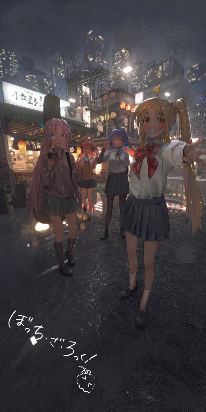 3d_background 4girls absurdly_detailed_background absurdres air_conditioner awning beer_crate billboard black_footwear black_pantyhose black_ribbon black_skirt black_socks blonde_hair blue_eyes blue_hair bocchi_the_rock! bottle bow bowtie building city_lights commentary copyright_name cube_hair_ornament detailed_background food_stand gotoh_hitori gotoh_hitori_(octopus) grin guitar_case hair_ornament highres ijichi_nijika inkrua instrument_case jacket kita_ikuyo kneehighs lamppost lantern loafers long_hair long_sleeves looking_at_viewer lots_of_light_reflection miniskirt multicolored_paper_lantern multiple_girls neck_ribbon nervous open_mouth pantyhose paper_lantern pink_hair pink_jacket polka_dot_bowtie ponytail power_lines red_bow red_bowtie red_eyes red_hair red_paper_lantern reflection reflective_floor ribbon road roof_shingles sailor_collar scenery school_uniform shirt shoes short_hair short_sleeves shuka_high_school_uniform sign_on_roof skirt skyline skyscraper smile socks store_sign street utility_pole v very_long_hair waving_hands white_paper_lantern white_sailor_collar white_shirt white_socks yamada_ryo yellow_eyes yellow_paper_lantern