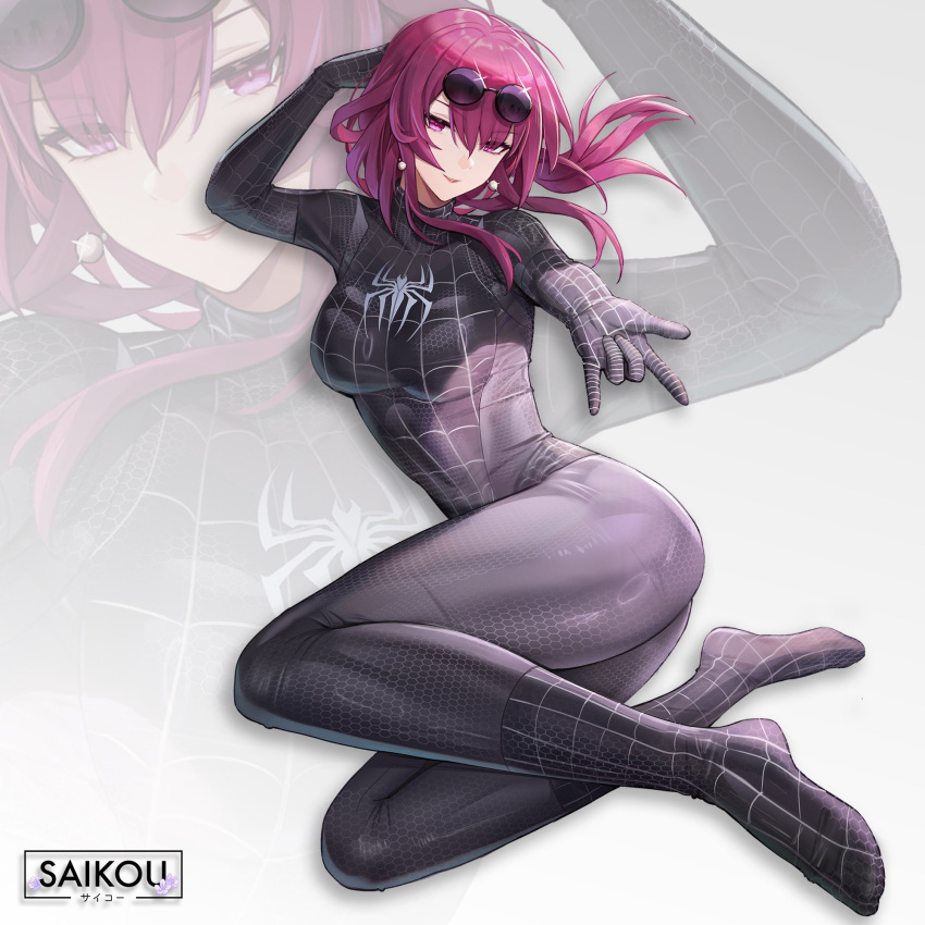 1girl ass black_bodysuit bodysuit closed_mouth cosplay earrings eyewear_on_head highres honkai:_star_rail honkai_(series) jewelry kafka_(honkai:_star_rail) long_hair marvel pink_hair purple_eyes saikou_jp solo spider-man spider-man_(cosplay) spider-man_(series) sunglasses upper_body