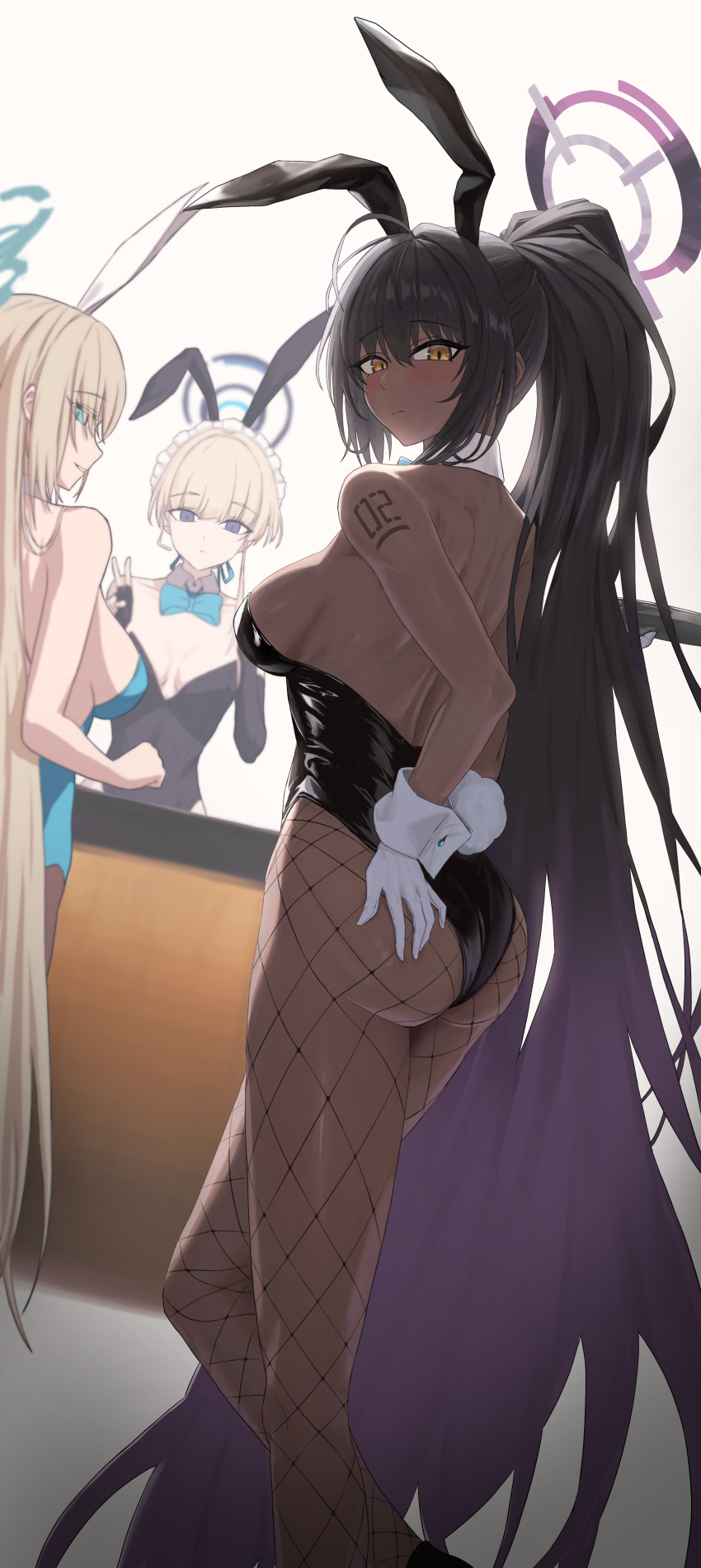 3girls absurdly_long_hair absurdres ahoge arm_tattoo ass asuna_(blue_archive) asuna_(bunny)_(blue_archive) back backless_leotard bare_shoulders black_hair black_leotard blonde_hair blue_archive blue_bow blue_bowtie blue_eyes bow bowtie breasts counter dark-skinned_female dark_skin detached_collar double_v fishnet_pantyhose fishnets from_behind gloves gonplap halo high_ponytail highres karin_(blue_archive) karin_(bunny)_(blue_archive) large_breasts leotard long_hair looking_back maid_headdress multicolored_hair multiple_girls pantyhose playboy_bunny purple_hair rabbit_tail sideboob solo_focus tail tattoo toki_(blue_archive) two-tone_hair v very_long_hair white_gloves wrist_cuffs yellow_eyes