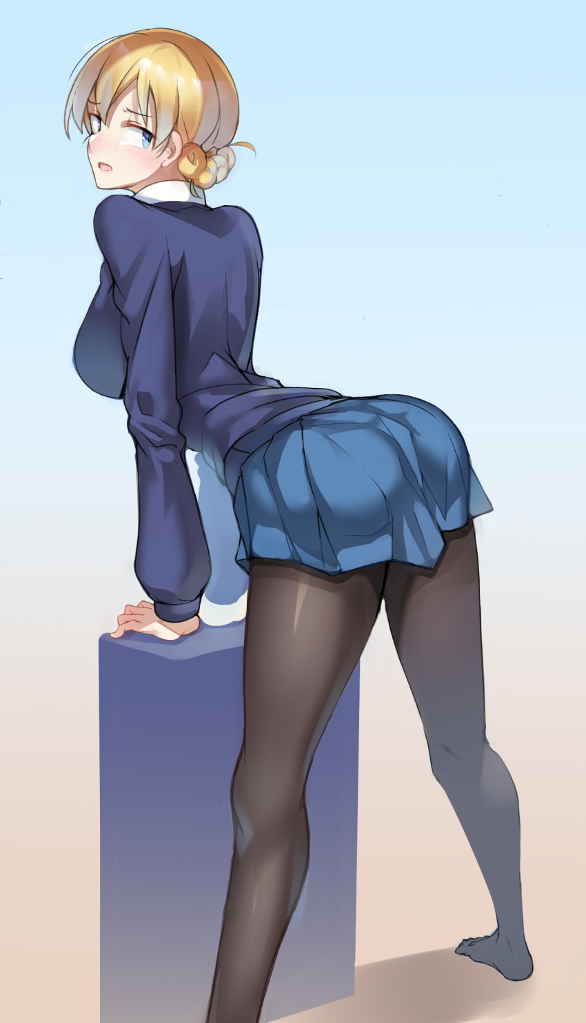 1girl arched_back ass ayakumo bent_over black_pantyhose blonde_hair blue_cardigan blue_eyes blue_skirt blue_sweater blush braid breasts cardigan darjeeling_(girls_und_panzer) from_behind girls_und_panzer highres large_breasts leaning_on_object long_sleeves miniskirt no_shoes open_mouth pantyhose pleated_skirt saunders_school_uniform school_uniform simple_background skirt solo sweater twin_braids