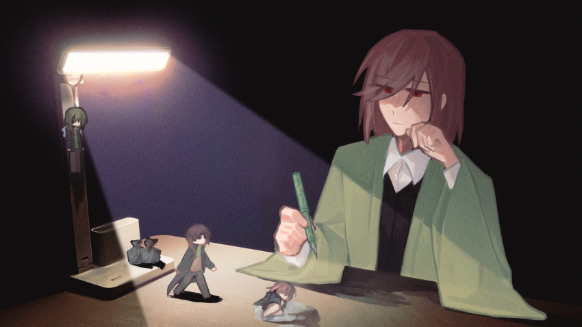 4boys absurdres black_coat black_jacket black_vest brown_hair brown_pants brown_shirt closed_mouth coat collared_shirt eyes_visible_through_hair film_grain green_hair green_jacket green_scarf green_shirt hanging harada_kazaru harada_minoru harada_mutei highres holding holding_pen isoi_haruki jacket long_sleeves male_focus mini_person miniboy multiple_boys open_clothes open_coat open_jacket pants pen red_eyes saibou_shinkyoku scarf shirt short_hair spoilers trash_bag vest white_shirt yadeliya_hai