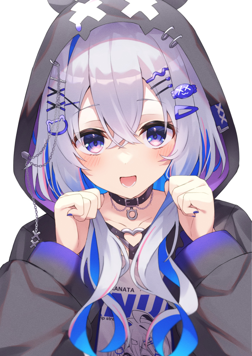 1girl :d amane_kanata amane_kanata_(6th_costume) animal_hood bear_hair_ornament black_collar black_jacket blue_hair blue_nails blush character_hair_ornament chest_harness collar colored_inner_hair fragir grey_hair hair_ornament hairclip harness heart_o-ring highres hololive hood hooded_jacket jacket long_hair long_sleeves looking_at_viewer multicolored_hair nail_polish o-ring o-ring_harness official_alternate_costume official_alternate_hairstyle open_clothes open_jacket open_mouth pink_hair print_shirt punk purple_eyes shirt sidelocks smile solo streaked_hair upper_body virtual_youtuber w_arms wavy_hair white_shirt x_hair_ornament