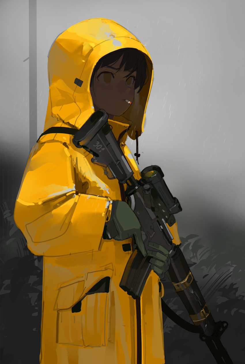 1girl absurdres assault_rifle black_hair brown_eyes cigarette gloves green_gloves gun highres holding holding_gun holding_weapon polilla raincoat rifle solo stalker_(game) weapon