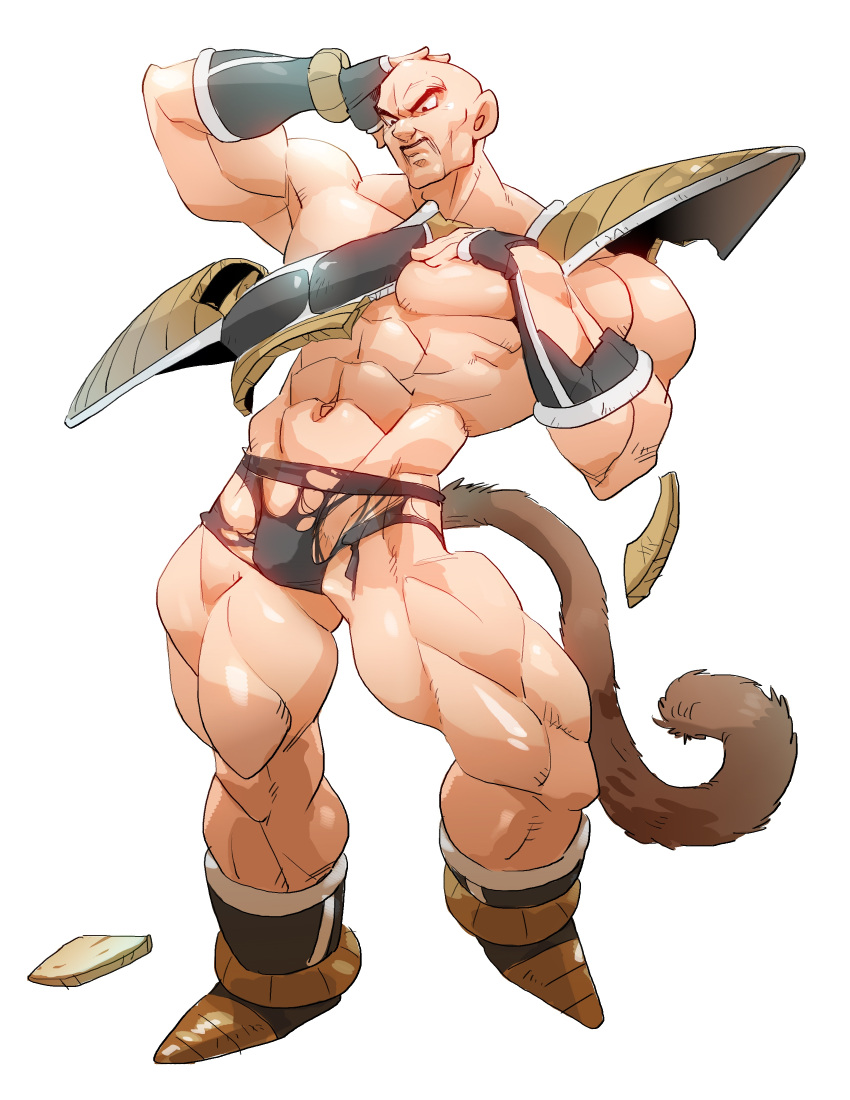 1boy abs absurdres armor ass_visible_through_thighs bald bara bodysuit broken_armor bulge covering covering_chest dragon_ball dragon_ball_z facial_hair frown full_body hand_on_own_head highres large_pectorals male_focus manboobs mature_male monkey_tail muscular muscular_male mustache nappa navel pectorals solo stomach supobi tail thick_eyebrows thick_thighs thighs torn_bodysuit torn_clothes