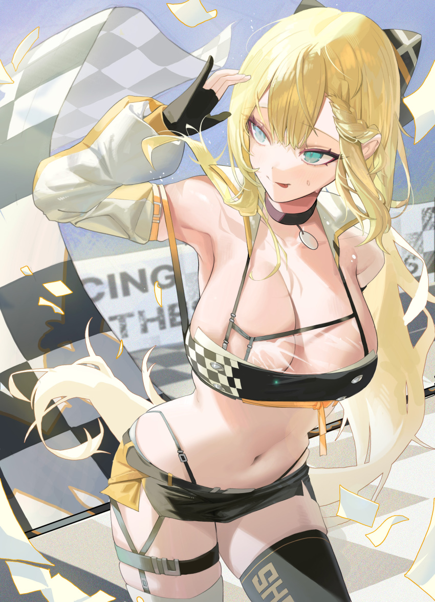 1girl absurdres aqua_eyes asymmetrical_legwear bare_shoulders black_gloves blonde_hair bow braid braided_bangs breasts checkered_flag choker cleavage commentary cowboy_shot detached_sleeves flag gloves hair_bow highleg highleg_panties highres large_breasts leaning_forward long_hair looking_to_the_side microskirt midriff mismatched_legwear navel original panties partially_fingerless_gloves race_queen rima_(0136) see-through skindentation skirt smile solo sonya_(schan) symbol-only_commentary thighhighs tongue tongue_out underwear very_long_hair