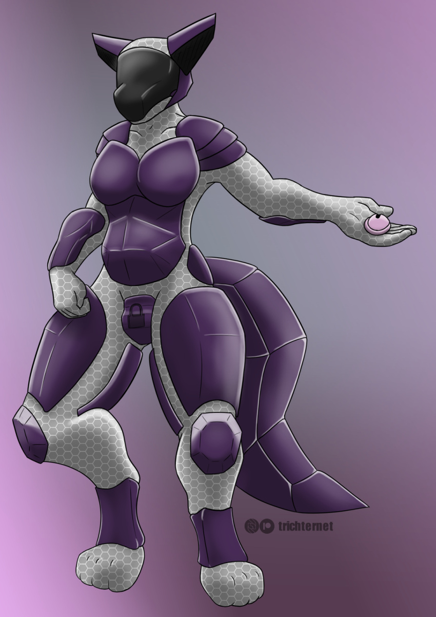 anthro armor bdsm big_breasts bondage bound breast_armor breasts chastity_bulge chastity_cage chastity_device clothing drone dronification female gynomorph hi_res intersex null null_bulge rubber rubber_clothing rubber_suit solo suit trans_(lore) trans_woman_(lore) trichternet