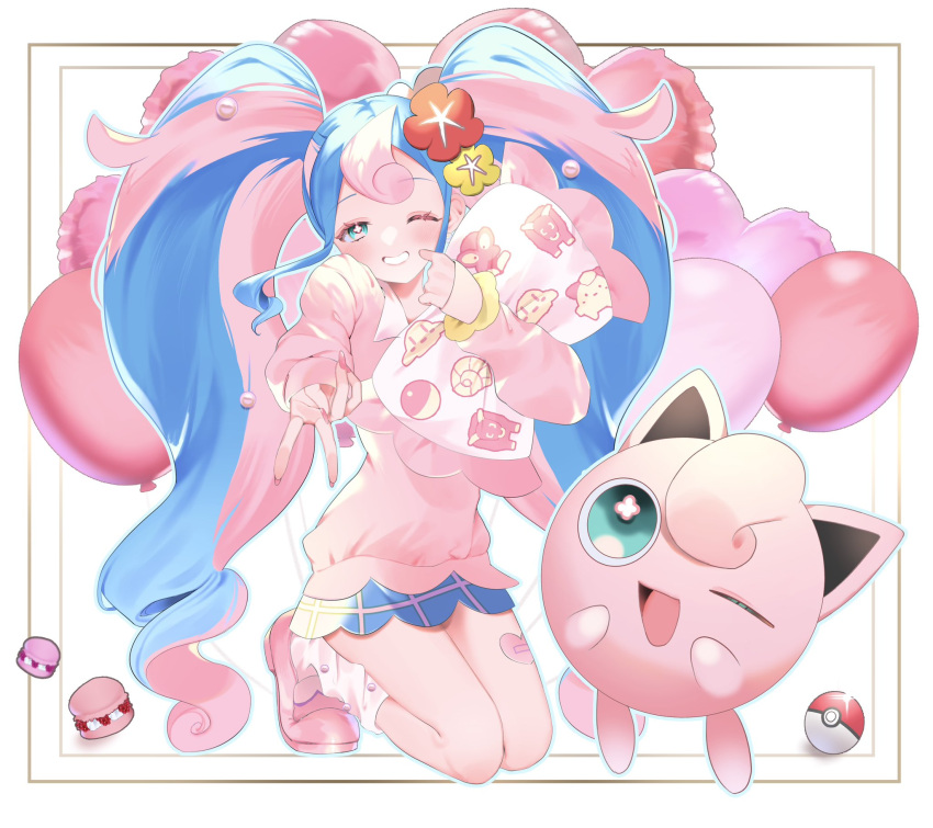 1girl azuki_anko balloon blue_skirt bull_sprite_(pokemon) cardigan clefairy_sprite_(pokemon) fairy_miku_(project_voltage) fish_sprite_(pokemon) flower fossil_sprite_(pokemon) hair_flower hair_ornament hatsune_miku highres jigglypuff kneeling long_hair looking_at_viewer multicolored_hair one_eye_closed pink_cardigan pink_footwear poke_ball pokemon pokemon_(creature) project_voltage scrunchie skirt smile twintails two-tone_hair v very_long_hair vocaloid wrist_scrunchie