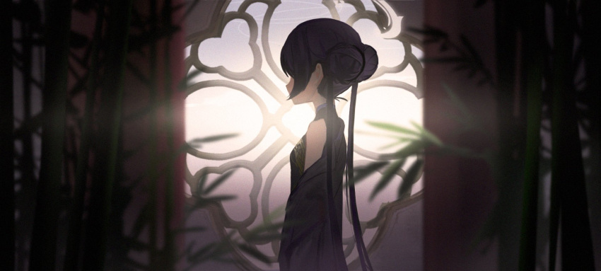 1girl black_coat black_dress black_hair blue_archive breasts china_dress chinese_clothes coat double_bun dress from_side hair_bun hair_ornament halo highres kisaki_(blue_archive) long_hair long_sleeves off_shoulder open_clothes open_coat plant shioda_(shioda_5) sleeveless sleeveless_dress small_breasts solo sunlight twintails upper_body very_long_hair