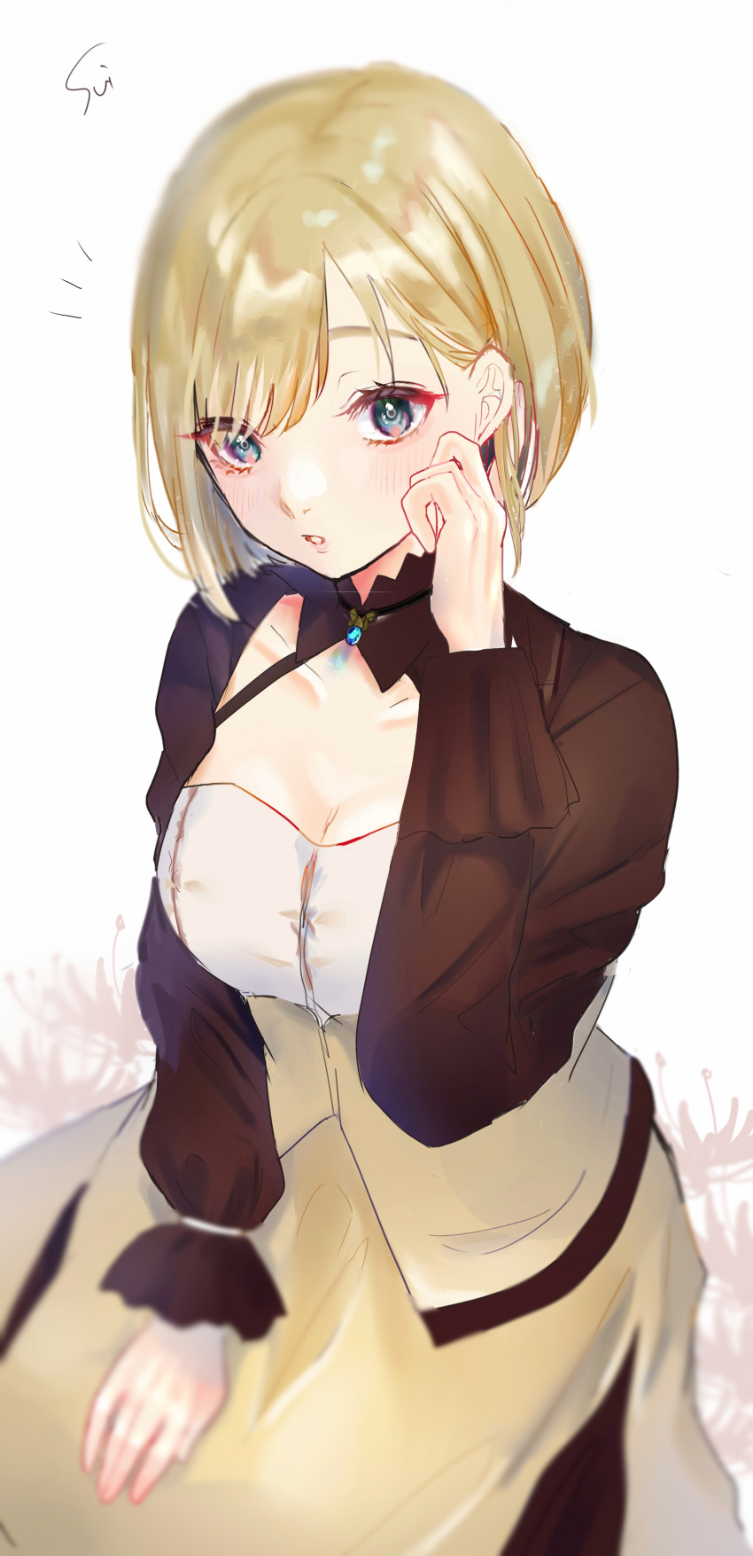 1girl absurdres blonde_hair blue_gemstone blush breasts brown_jacket ceres_(shuuen_no_virche) cleavage gem green_eyes hand_on_own_leg highres jacket jewelry looking_at_viewer necklace open_mouth shirt short_hair shuuen_no_virche skirt solo sui03 teeth white_background white_shirt yellow_skirt