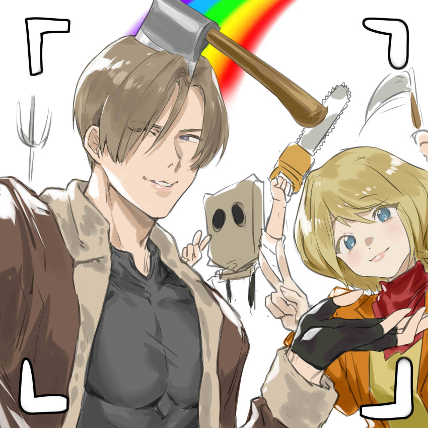 1girl 2boys absurdres ashley_graham axe black_gloves black_shirt blonde_hair blue_eyes blush brown_hair brown_jacket chainsaw closed_mouth fingerless_gloves gloves hair_between_eyes highres holding jacket leon_s._kennedy looking_at_viewer male_focus mask multiple_boys naijarski one_eye_closed rainbow resident_evil resident_evil_4 resident_evil_4_(remake) selfie shirt short_hair simple_background upper_body v weapon white_background