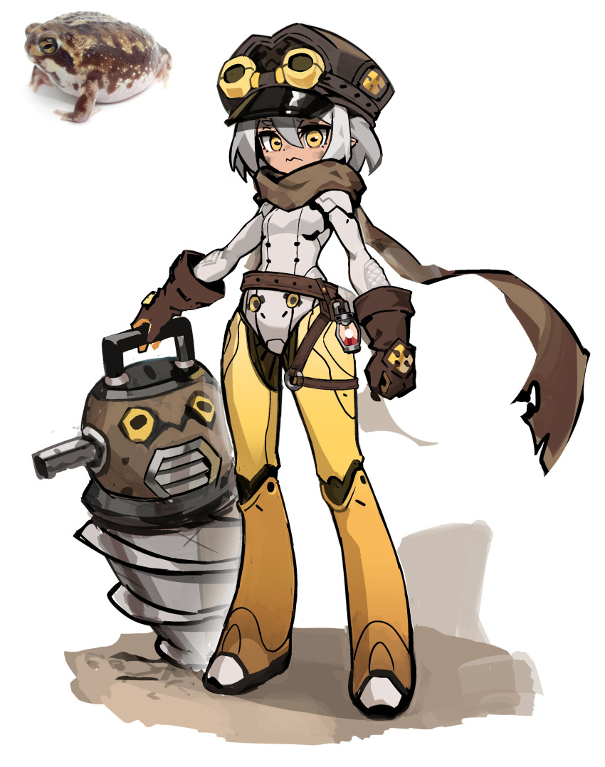 1girl 3: absurdres android belt breasts brown_belt brown_gloves brown_headwear brown_scarf cabbie_hat clenched_hand closed_mouth commentary_request dark-skinned_female dark_skin desert_rain_frog drill frog full_body gloves goggles goggles_on_headwear grey_hair hair_between_eyes hat highres holding horizontal_pupils joints korean_commentary medium_hair o-ring o-ring_thigh_strap original photo-referenced photo_inset planted pointy_ears quokkalee reference_inset robot_joints scarf simple_background sketch small_breasts solo standing thigh_strap white_background yellow_eyes