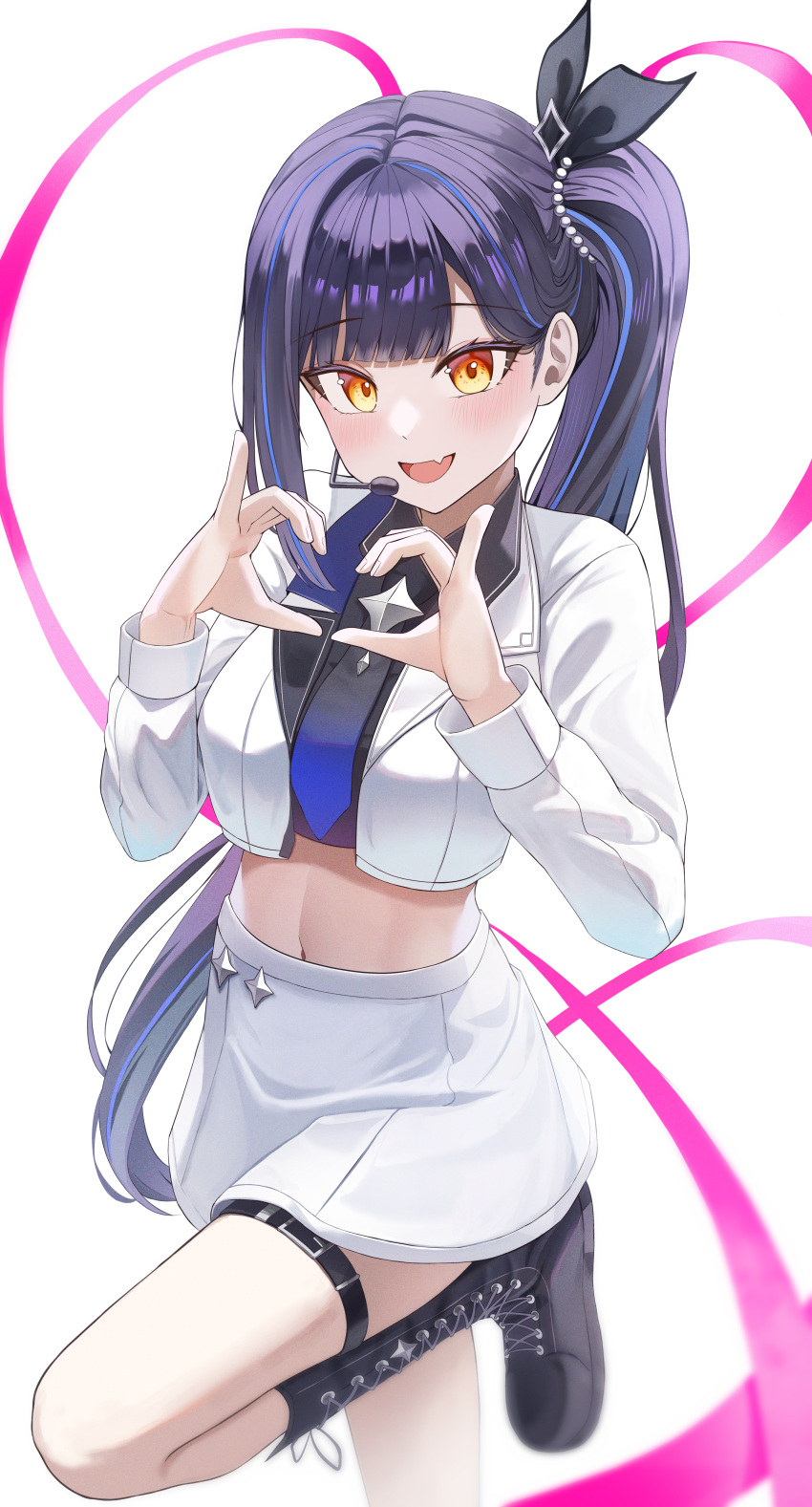 1girl :d absurdres arch_a4 belt black_footwear black_necktie black_shirt blue_hair blue_necktie blunt_bangs blush boots crop_top cropped_jacket dark_blue_hair fang gradient_necktie hair_behind_ear hair_ribbon headset heart heart_hands highres jacket knee_up lilpa long_sleeves looking_at_viewer midriff miniskirt multicolored_hair navel necktie orange_eyes pink_ribbon pinky_out ribbon shirt side_ponytail single_sidelock skin_fang skirt skirt_set smile solo streaked_hair thigh_belt thigh_strap virtual_youtuber waktaverse white_jacket white_skirt