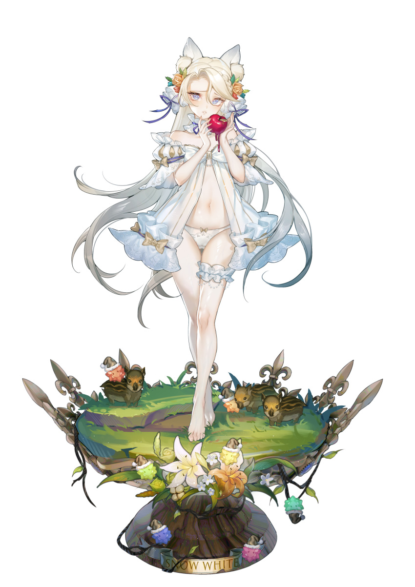 1girl absurdres animal animal_ear_fluff animal_ears apple babydoll barefoot blue_eyes bow bow_panties braid breasts cameltoe character_name collar commentary_request crossed_legs detached_collar dress figure_stage flower food frilled_collar frilled_straps frills frown fruit full_body gradient_hair grimm's_fairy_tales hair_between_eyes hair_flower hair_ornament highres holding holding_food holding_fruit long_hair looking_at_viewer multicolored_hair navel off-shoulder_dress off_shoulder on_grass orange_flower original panties parted_lips puffy_short_sleeves puffy_sleeves red_apple sai_ichirou short_sleeves simple_background single_braid small_breasts snow_white snow_white_(grimm) solo standing straight-on thigh_gap thigh_sex underwear white_babydoll white_background white_dress white_footwear white_panties yellow_bow