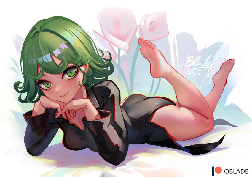 1girl artist_name ass barefoot black_dress breasts closed_mouth dated dress feet feet_up flower full_body green_eyes green_hair long_sleeves looking_at_viewer lying medium_breasts on_stomach one-punch_man patreon_username pink_flower qblade short_hair signature smile soles solo tatsumaki the_pose toes