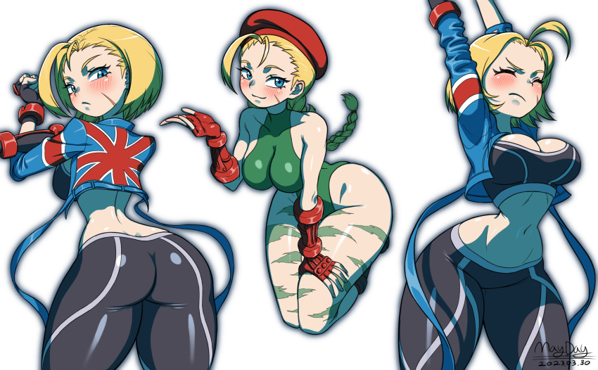 1girl absurdres ahoge arms_up ass black_gloves black_pants blonde_hair blue_eyes blue_jacket blush braid braided_ponytail cammy_stretch_(meme) cammy_white closed_eyes closed_mouth cowboy_shot crop_top dated fingerless_gloves from_behind gloves green_leotard hand_on_own_thigh hat highres jacket leotard long_hair looking_at_viewer maydaykiki meme midriff multiple_views navel pants red_gloves red_headwear scar scar_on_cheek scar_on_face short_hair simple_background smile standing street_fighter street_fighter_6 thick_thighs thighs white_background wide_hips