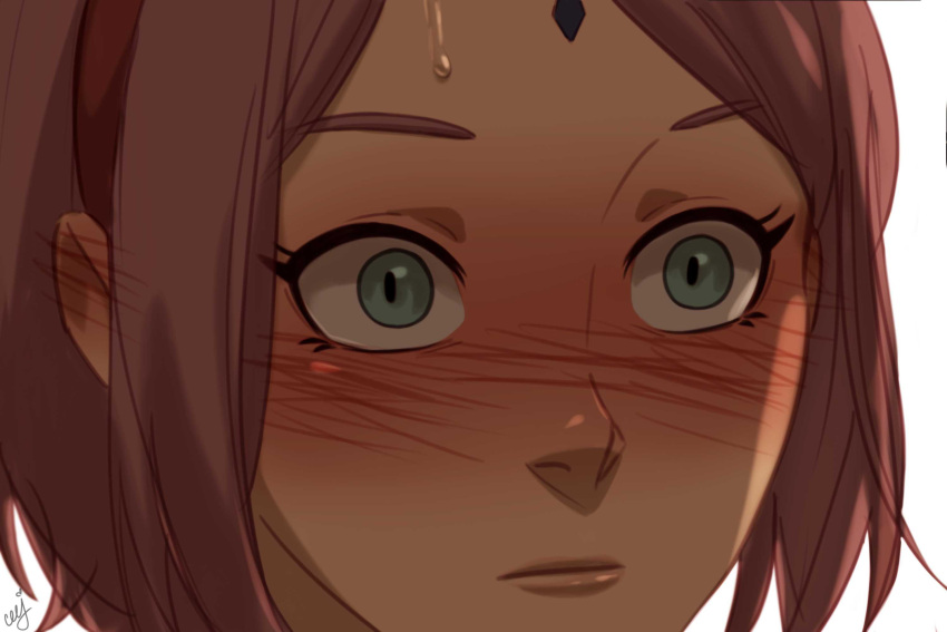 1girl blush ceejles close-up commentary english_commentary facial_mark forehead_mark green_eyes haruno_sakura highres medium_hair naruto:_the_last naruto_(series) pink_hair portrait signature solo sweatdrop