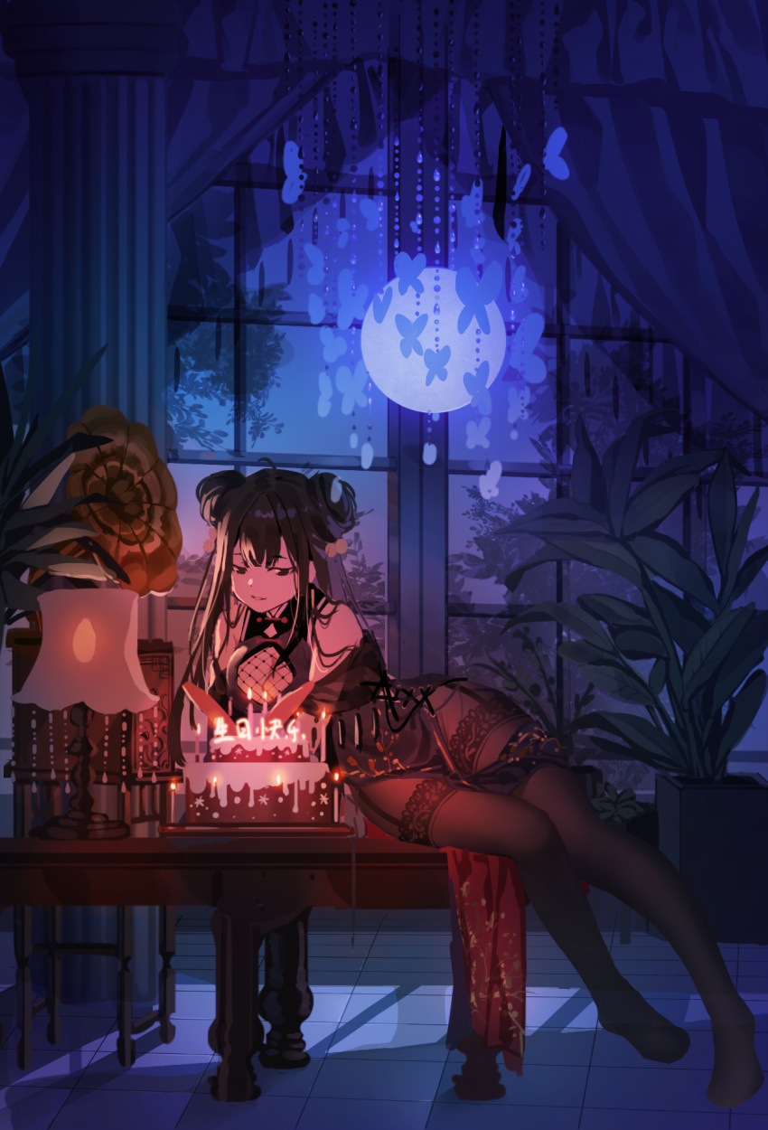 1girl arm_support bare_shoulders black_dress black_eyes black_hair black_pantyhose breasts cake candle china_dress chinese_clothes cleavage_cutout clothing_cutout curtains de_yi double_bun dress facing_viewer fishnet_cutout fishnets food full_body garter_straps hair_between_eyes hair_bun highres indoors lamp leaning_forward long_hair looking_at_object medium_breasts night no_shoes original pantyhose parted_lips phonograph plant potted_plant sidelocks sitting sitting_on_table sleeveless sleeveless_dress solo table thighs tile_floor tiles translation_request window