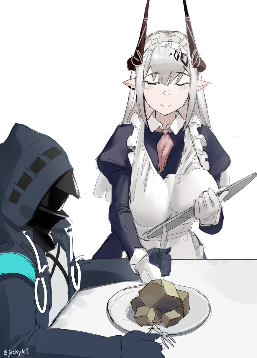 1girl 1other absurdres alternate_costume apron arknights black_coat black_dress black_gloves blunt_bangs blush breasts closed_eyes closed_mouth coat doctor_(arknights) dress enmaided fork gloves grey_hair highres holding holding_tray hood hood_up hooded_coat horns jeckylo1 juliet_sleeves large_breasts long_hair long_sleeves maid maid_headdress mask mudrock_(arknights) orirock_(arknights) plate pointy_ears puffy_sleeves sidelocks simple_background smile table tray twitter_username unaligned_breasts white_apron white_background white_gloves