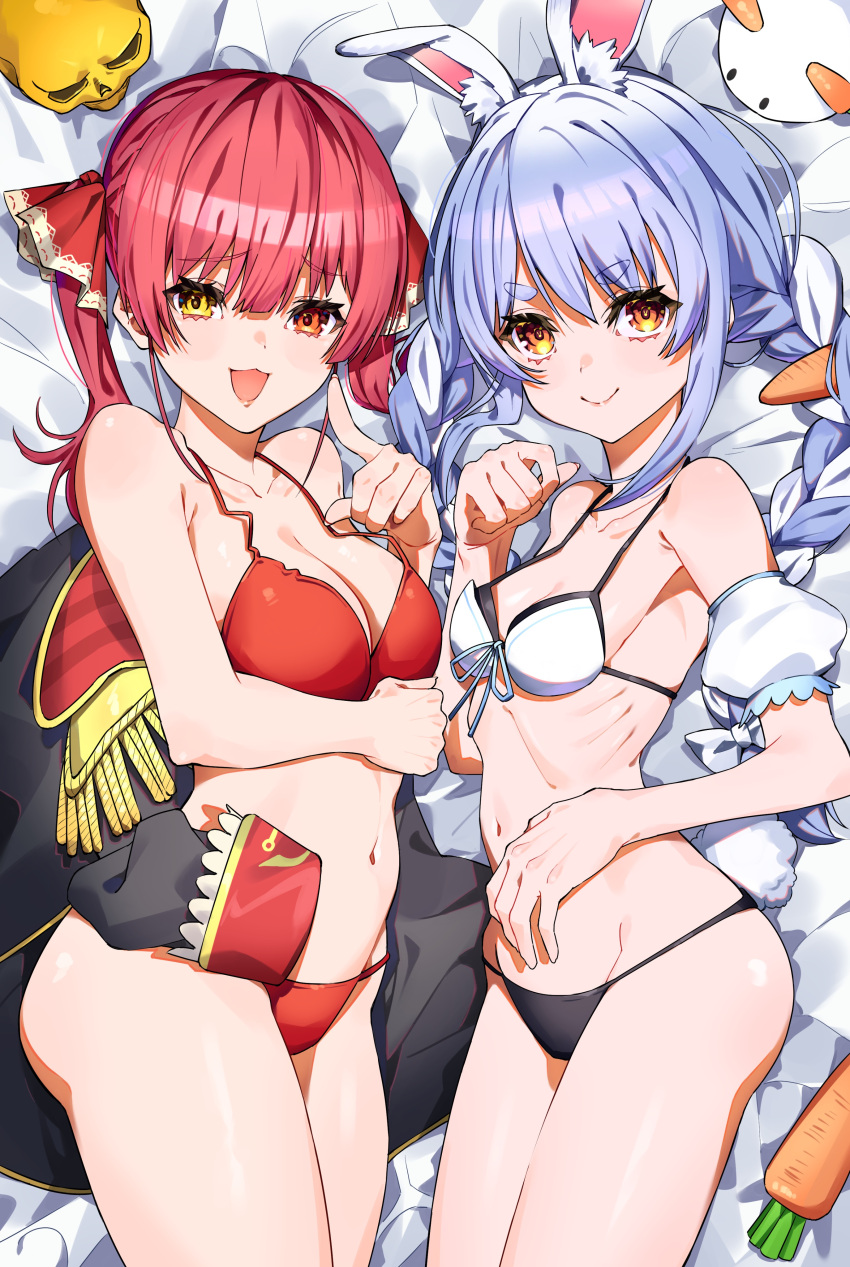 2girls absurdres animal_ear_fluff animal_ears bed_sheet bikini black_bikini black_coat blue_hair braid breasts carrot carrot_hair_ornament closed_mouth coat coat_removed commentary english_commentary food-themed_hair_ornament from_above front-tie_bikini_top front-tie_top hair_ornament heterochromia highres hololive houshou_marine large_breasts long_hair looking_at_viewer lying mismatched_bikini multicolored_hair multiple_girls navel on_side open_mouth orange_eyes pekomon_(usada_pekora) pointing pointing_at_viewer r_h_0502 rabbit-shaped_pupils rabbit_ears rabbit_girl rabbit_tail red_bikini red_eyes red_hair red_ribbon ribbon short_eyebrows skull small_breasts smile stomach string_bikini swimsuit symbol-shaped_pupils tail thick_eyebrows twin_braids twintails two-tone_hair usada_pekora virtual_youtuber white_bikini white_hair yellow_eyes