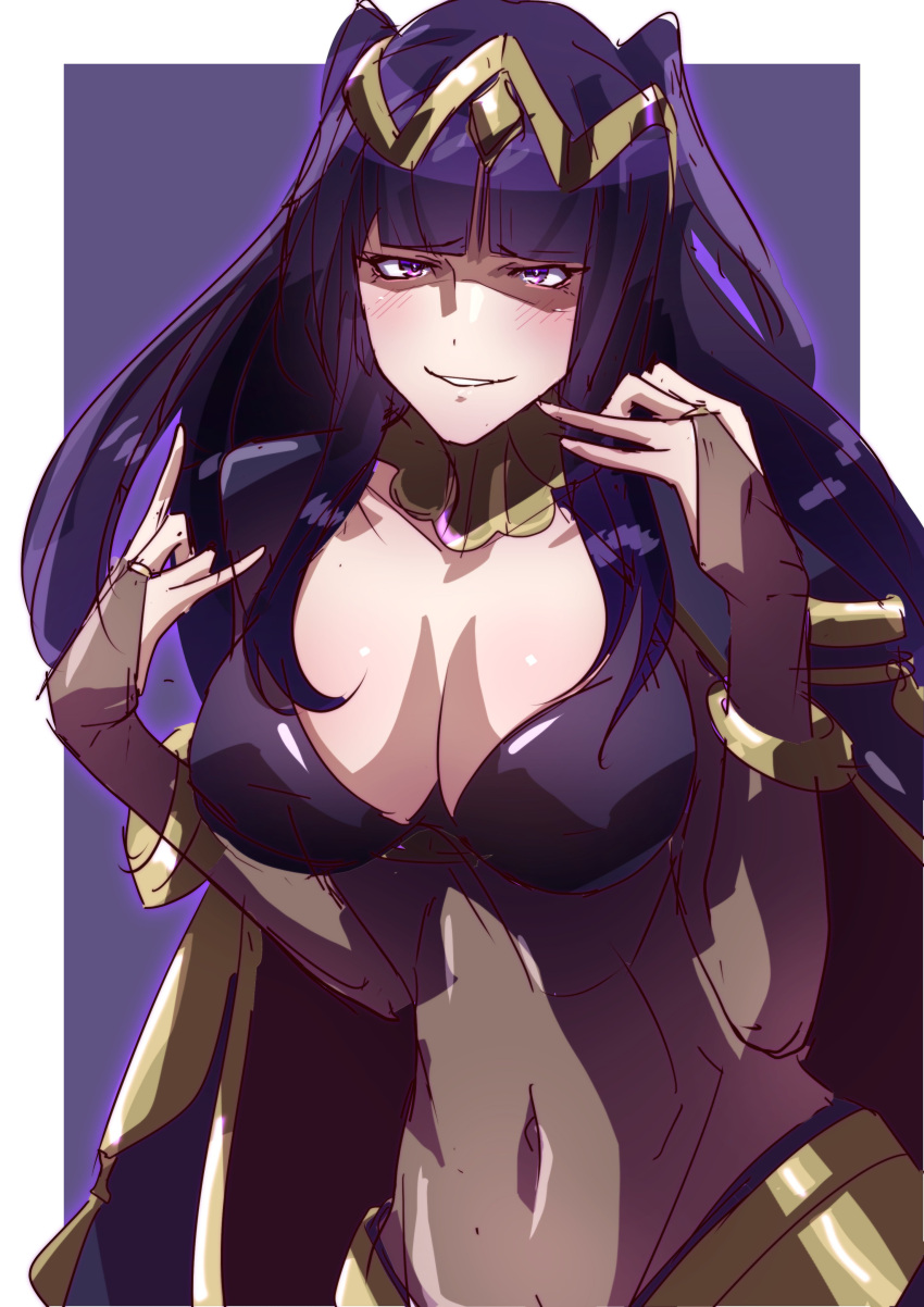 1girl absurdres black_hair blunt_bangs blush bodystocking bracelet breasts bridal_gauntlets cape circlet cleavage commentary_request covered_navel fire_emblem fire_emblem_awakening highres jewelry large_breasts long_hair looking_at_viewer navel purple_eyes smile solo tharja_(fire_emblem) tiara to_(tototo_tk) two_side_up