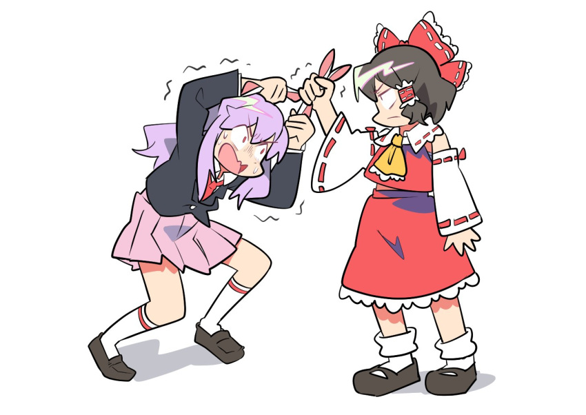 2girls animal_ears ascot black_footwear black_hair black_jacket bow closed_mouth collared_shirt commentary detached_sleeves frilled_ascot frilled_bow frilled_hair_tubes frilled_shirt_collar frilled_skirt frills frown full_body grabbing_another's_ear hair_bow hair_tubes hakurei_reimu hand_on_another's_ear hand_on_own_ear jacket loafers long_sleeves looking_at_another mary_janes medium_bangs multiple_girls necktie open_mouth pink_skirt pulling_own_ear purple_hair rabbit_ears rabbit_girl red_bow red_eyes red_necktie red_skirt reisen_udongein_inaba ribbon-trimmed_collar ribbon-trimmed_sleeves ribbon_trim sekaihebi shirt shoes short_hair sidelocks simple_background skirt skirt_set sleeveless sleeveless_shirt standing symbol-only_commentary touhou trembling v-shaped_eyebrows white_background white_shirt white_sleeves wide_sleeves yellow_ascot