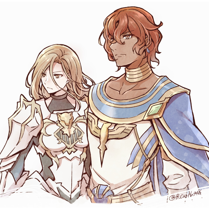 1boy 1girl armor blue_cape breastplate brown_eyes cape choker closed_mouth collarbone cropped_torso dohalim_(tales) frown hair_between_eyes highres kisara_(tales) light_brown_hair long_hair mishiro_(andante) orange_eyes red_hair shirt short_hair shoulder_armor sketch tales_of_(series) tales_of_arise twitter_username upper_body white_background white_shirt yellow_choker