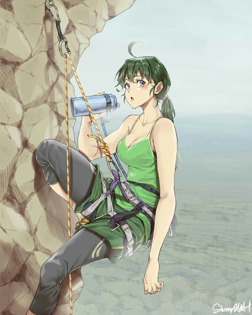 1girl ahoge black_footwear black_pants breasts carabiner cleavage commentary day dripping english_commentary foot_out_of_frame green_hair green_shirt green_shorts hair_between_eyes hand_up highres holding holding_thermos large_breasts long_hair looking_at_viewer low_ponytail mountain_climbing open_mouth original pants pink_eyes rope shirt shorts signature skinnysloth sleeveless sleeveless_shirt solo spaghetti_strap thermos water
