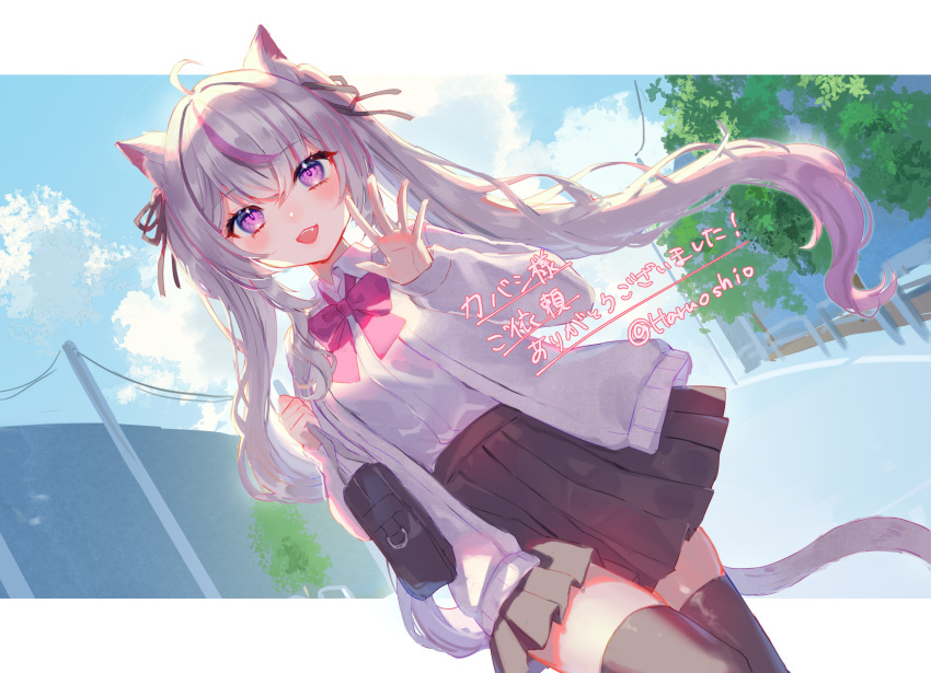 1girl absurdres ahoge animal_ears bag black_skirt black_thighhighs bow bowtie cat_ears cat_girl cat_tail collared_shirt dress_shirt grey_hair harushio highres indie_virtual_youtuber jacket long_hair multicolored_hair nekoyama_mia_(vtuber) open_clothes open_jacket pink_bow pink_bowtie pink_hair pleated_skirt purple_eyes school_bag school_uniform shirt skirt solo streaked_hair tail thighhighs twintails virtual_youtuber white_jacket white_shirt zettai_ryouiki