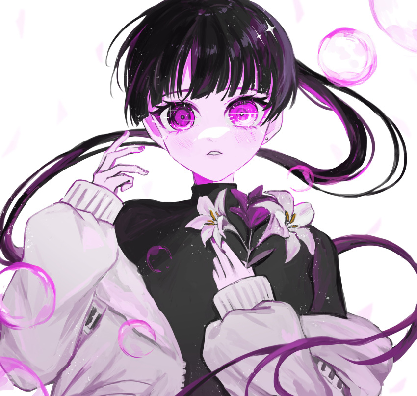 1girl absurdres ariki_with_boy black_hair black_shirt blunt_bangs blush bubble cloud_nine_inc commentary floating_hair flower hand_up highres holding holding_flower jacket light_particles long_hair long_jacket looking_at_viewer off_shoulder pink_eyes pink_theme ponytail puffy_sleeves purple_flower shirt simple_background solo sparkle straight-on symbol-only_commentary turtleneck very_long_hair white_background white_flower white_jacket wide-eyed yoshino_(utaite)