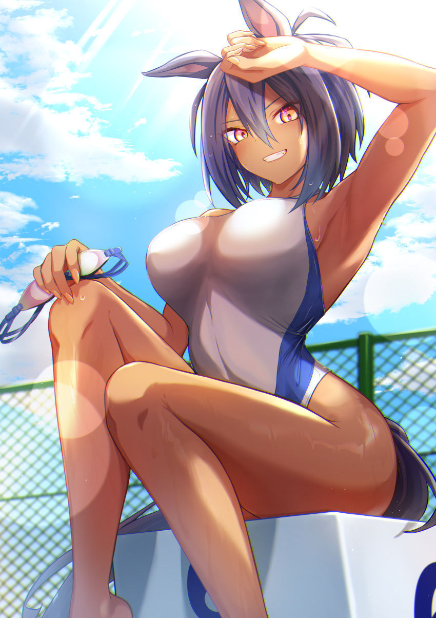 1girl ;d absurdres alternate_costume animal_ears arm_up armpits black_hair breasts cleavage cocktail commentary_request competition_swimsuit dark-skinned_female dark_skin ear_ornament eve_on_k foot_out_of_frame highres hishi_amazon_(umamusume) holding horse_ears horse_girl horse_tail large_breasts long_hair on_chair one-piece_swimsuit one_eye_closed red_eyes short_hair sitting smile solo swimsuit tail umamusume white_one-piece_swimsuit