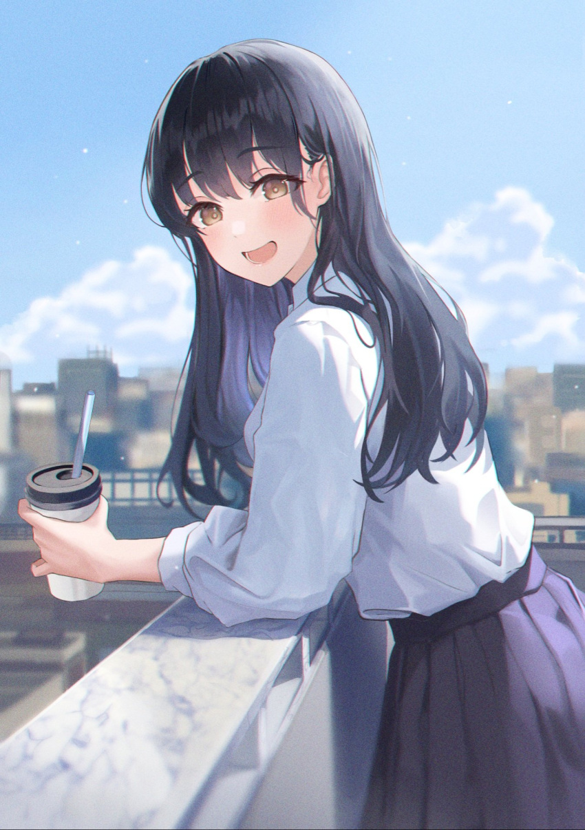 1girl arm_support blue_hair blue_skirt blush boku_no_kokoro_no_yabai_yatsu brown_eyes cup dark_blue_hair highres holding holding_cup long_hair open_mouth outdoors pleated_skirt rianya07 rooftop shirt skirt skyline solo white_shirt yamada_anna