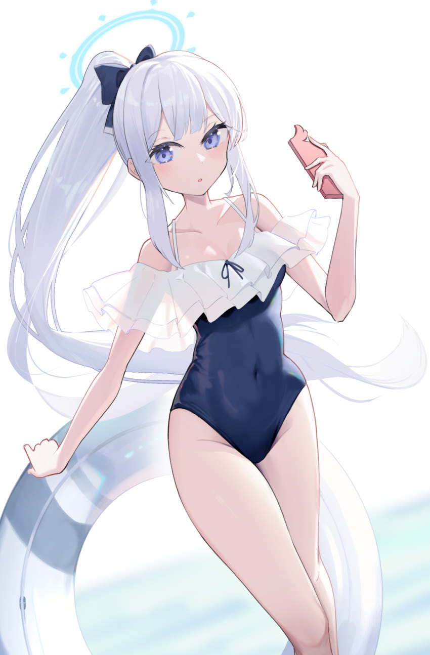 1girl :o bare_shoulders black_bow blue_archive blue_bow blue_halo blue_one-piece_swimsuit blush bow breasts casual_one-piece_swimsuit cellphone cleavage collarbone covered_navel cowboy_shot frilled_one-piece_swimsuit frills hair_bow halo hand_up high_ponytail highres holding holding_innertube holding_phone innertube long_hair looking_at_viewer medium_breasts miyako_(blue_archive) miyako_(swimsuit)_(blue_archive) off-shoulder_one-piece_swimsuit off_shoulder official_alternate_costume one-piece_swimsuit parted_lips phone ponytail purple_eyes rafrog ribbon sidelocks smartphone solo standing swimsuit thighs very_long_hair water white_background white_hair