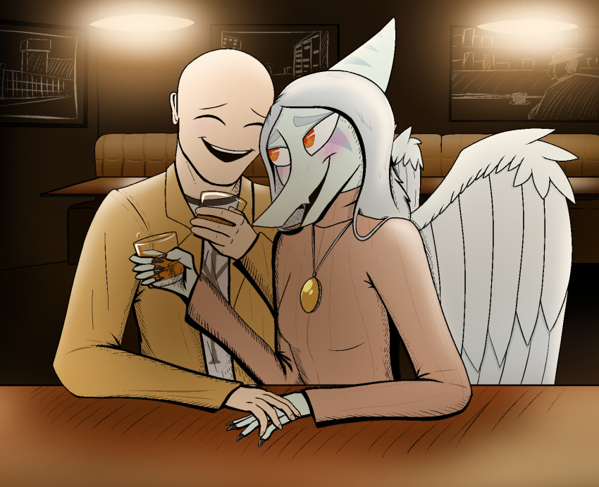 16:13 5_fingers amber_(gem) amber_(material) amber_eyes anon_(snoot_game) anthro bald barroom beverage blue_body blue_scales blush bone_frill breasts clothed clothing container crezz_crow cup detailed_background duo eyes_closed fang_(gvh) feathered_wings feathers female fingers frill_(anatomy) glass glass_container glass_cup goodbye_volcano_high grey_body grey_feathers hair hand_on_hand hi_res holding_container holding_cup holding_glass holding_object human jacket jewelry looking_at_another male mammal necklace open_mouth open_smile pendant pterodactylus pterosaur reptile romantic romantic_couple scales scalie silver_hair smile snoot_game snout sweater topwear wings yellow_clothing yellow_jacket_(clothing) yellow_topwear